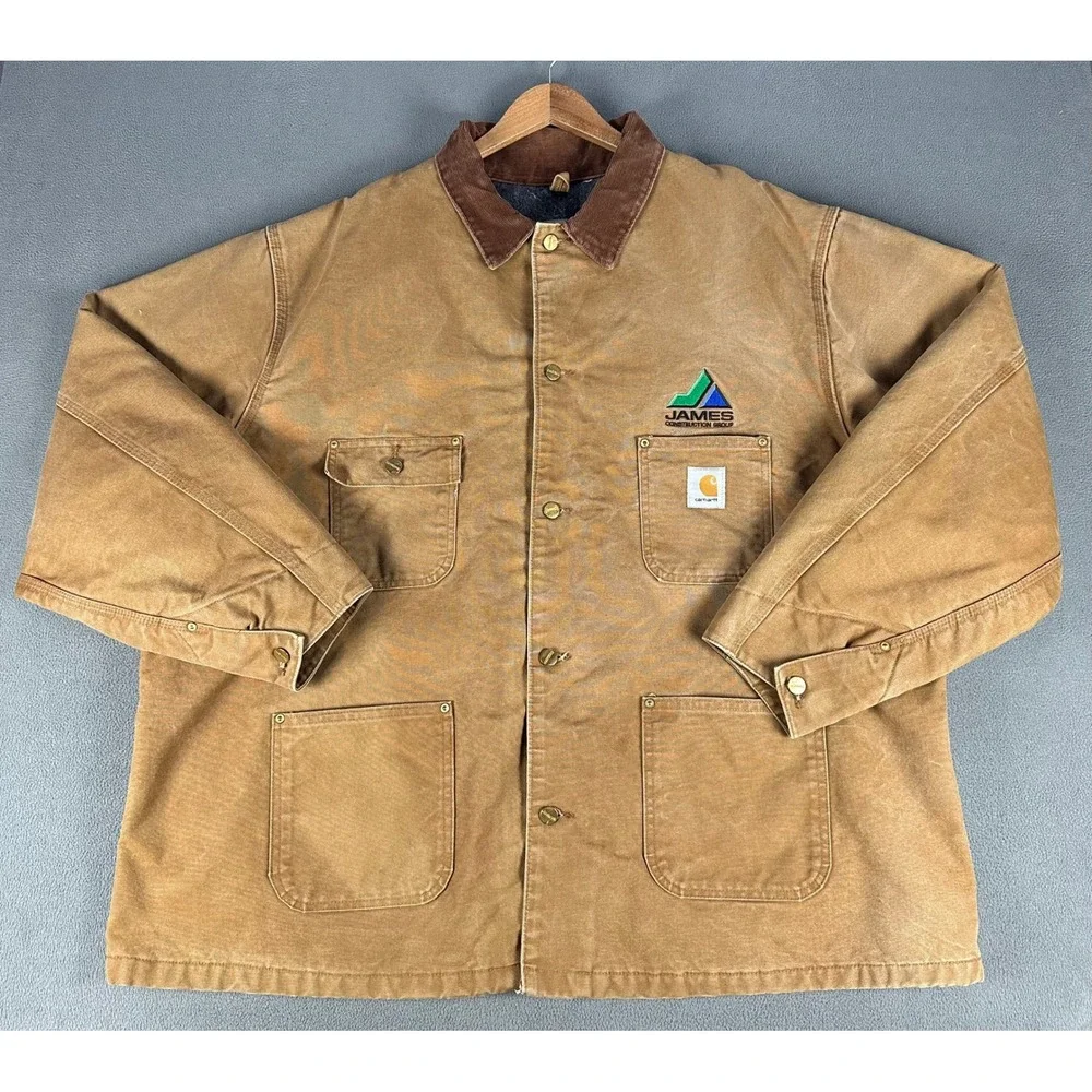 Carhartt Jacket Mens 56 Brown Distressed Canvas Blanket Corduroy Collar C01 BRN
